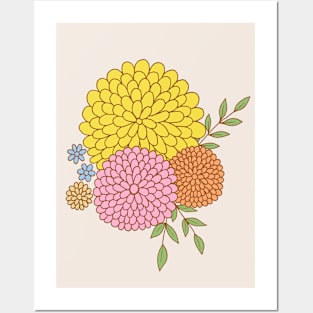 Retro flower garden botanical design in pink and yellow Posters and Art